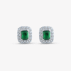 An emerald-cut green stud earring with a double halo of sparkling clear stones on a white background.