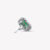 An emerald-cut green stud earring with a double halo of sparkling clear stones on a white background.