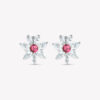 A flower-shaped stud earring with a red center and clear stone petals.