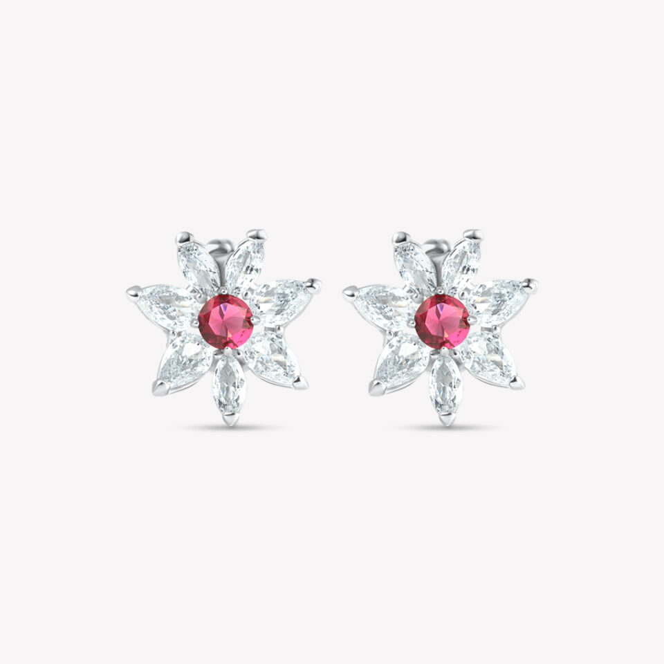 A flower-shaped stud earring with a red center and clear stone petals.